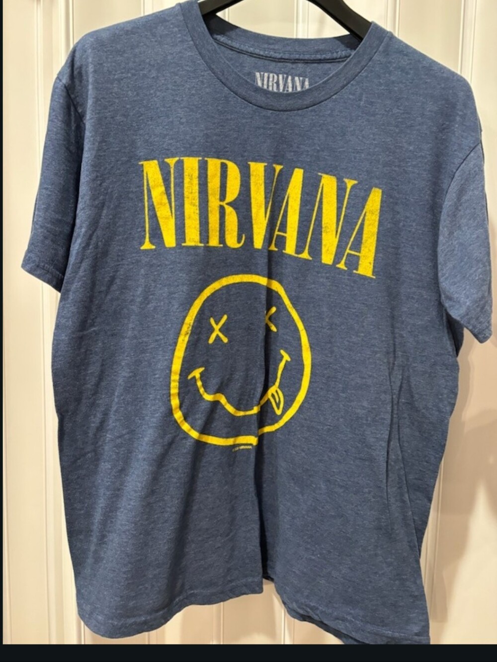 NIRVANA Heather Blue Tee with Yellow Smiley Logo